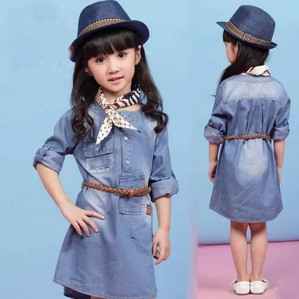 

Retail New 2019 Spring Children Clothing Girls Princess Casual Cotton Jeans Dresses + Belt One-piece Dress Kids Clothes