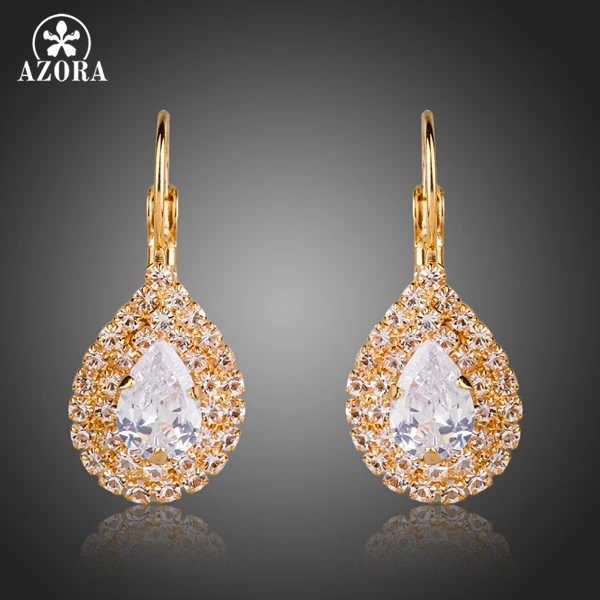 AZORA Shiny Gold Color Clear Cubic Zirconia Tear Drop Earrings TE0150