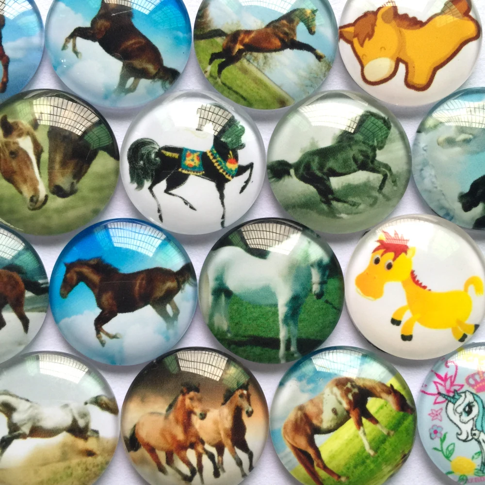 

ZEROUP 12mm 20mm Round Glass Cabochon Horse Pictures Mixed Pattern Fit Cameo Base Setting for Jewelry Embellishment
