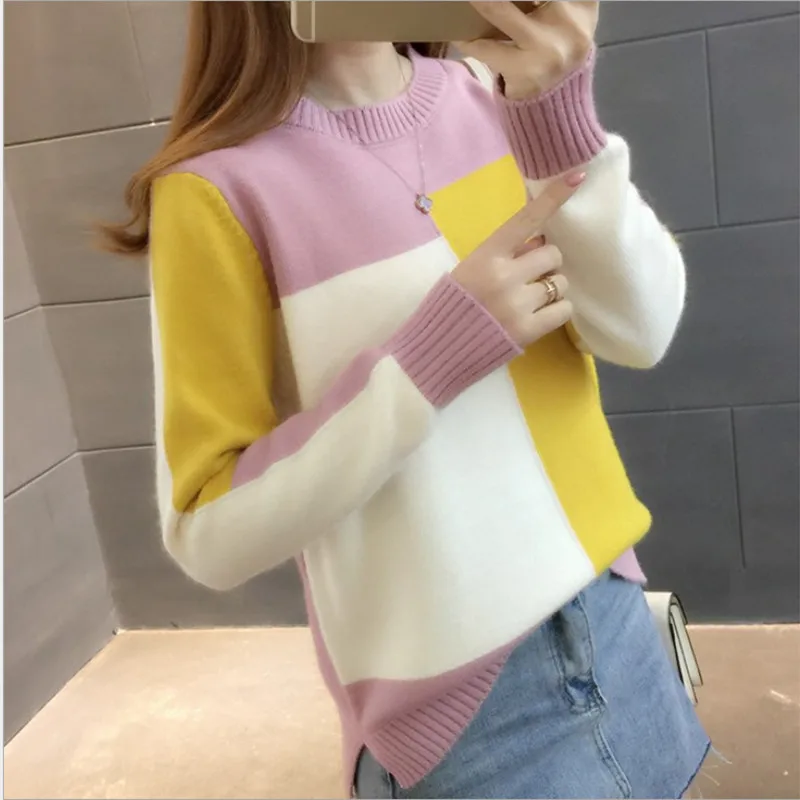 

Spring Autumn Women Sweater Pullover 2018 New Fashion Colorblock O-Neck Loose Knit Bottom Sweater Large Size Women Clothing
