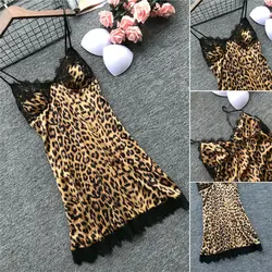 Сексуальная ночная рубашка с глубоким v-образным вырезом и открытой спиной для женщин, кружевное атласное платье для сна с леопардовым