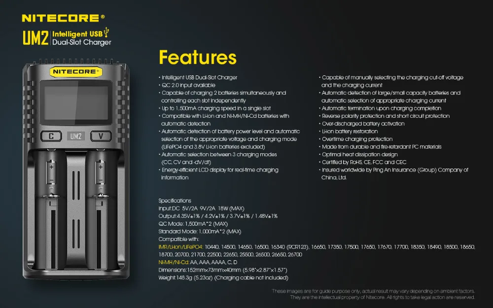 Nitecore UM4 USB Аккумулятор для электронных сигарет зарядное устройство Intelligent схемы Глобальный страхование литий-ионный AA AAA 18650 21700 26650