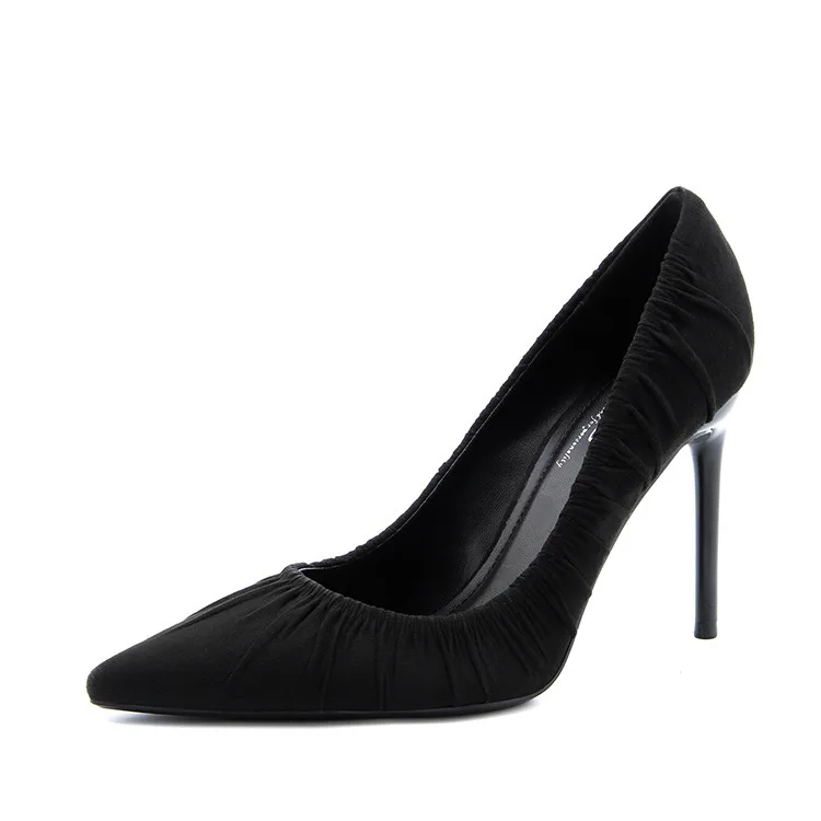 

2019 spring new sleek minimalist solid color high heels sexy pointed comfortable pleated vamp single shoes.