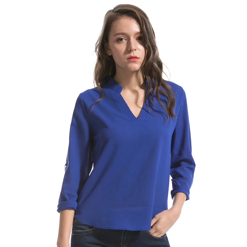 

plus size Casual Blouse Women Fashion Chiffon Shirt Tops V-Neck Three Quarter sleeve plain female shirts S-6XL