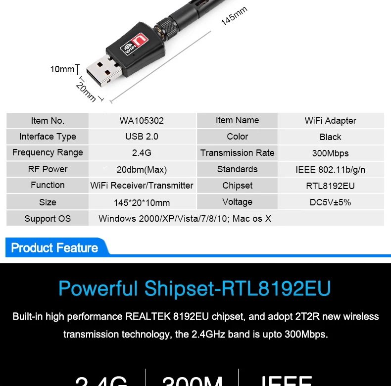 USB WiFi адаптер 300 Мбит/с 2 дБ антенна WiFi USB Ethernet Wi-Fi ключ сетевая карта Мини WiFi приемник ПК Wi Fi адаптер