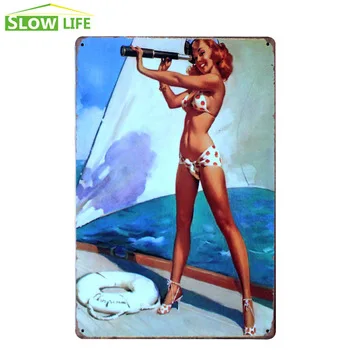 Sexy Girl Sailor On Sailboat Metal Tin Sign Wall Decor Metal Sign Vintage Home Decor Metal Plaque Retro Painting Metal Plate