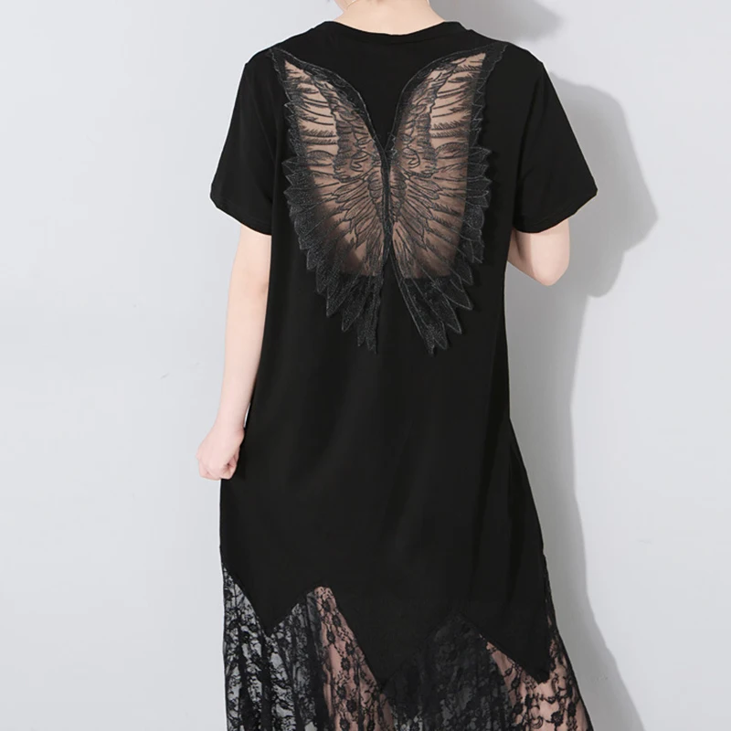 [EAM] Новое весенне-летнее черное кружевное длинное платье с круглым вырезом и коротким рукавом, женское модное платье JU177