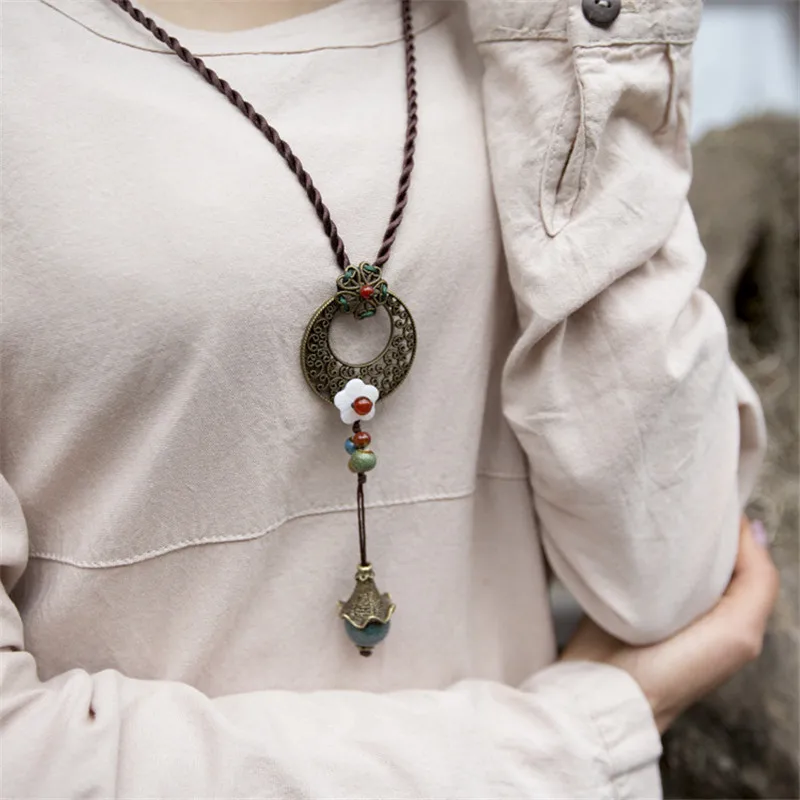 women vintage necklaces old bronze ceramic pendant choker necklace fashion jewelry accessories ...