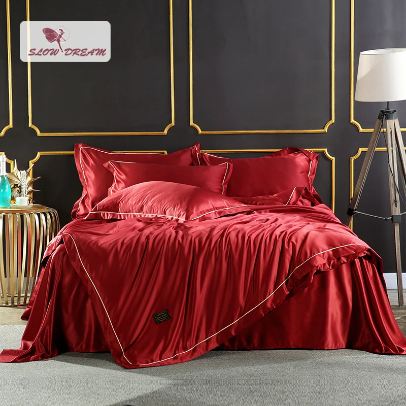 SlowDream Luxury Red Silk Bedding Set Silky Duvet Cover Set Home Textiles Soft Embroidery Bed