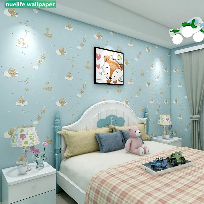 Cartoon Pink Blue Bear Non Woven Wallpaper Kids Room Boy Baby Cartoon Pink Blue Bear Non Woven