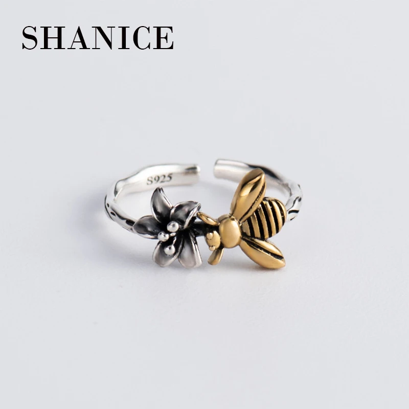 

SHANICE Authentic 925 Sterling Silver Open Ring Cute Bee Shape Finger Ring Women Vintage Sterling Silver & Gold Jewelry