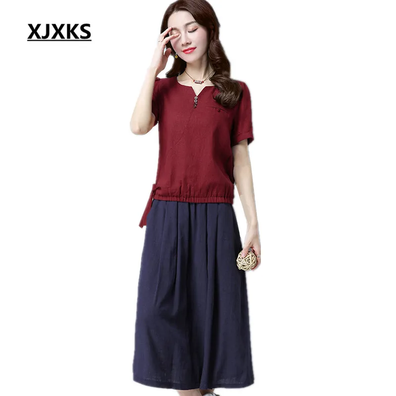 XJXKS Acabamento Requintado Conjuntos de Verão de Algodão E Linho das Mulheres Botão Bolsos Com Decote Em V Sólida Estilo Solto da Mulher 88818