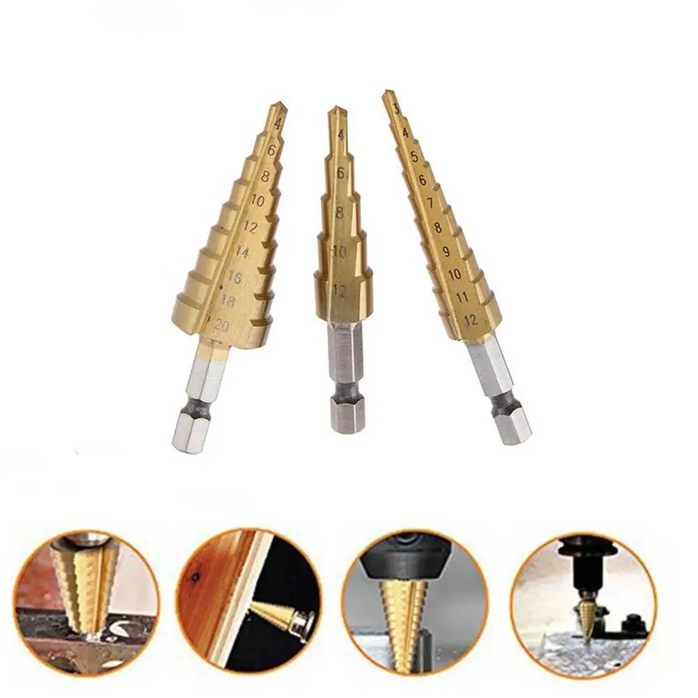 

3pcs Titanium Coated Step Cone Metal Hole 3-12/4-12/4-20mm Metal Hex Tapered Drill Power Tools Accessories