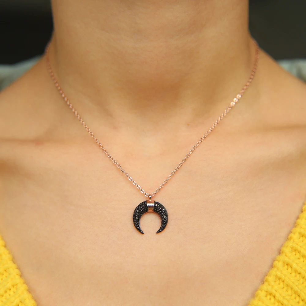 

rose gold color black clear cz crescent moon double horn pendant fashion elegant women 18" fashion necklace