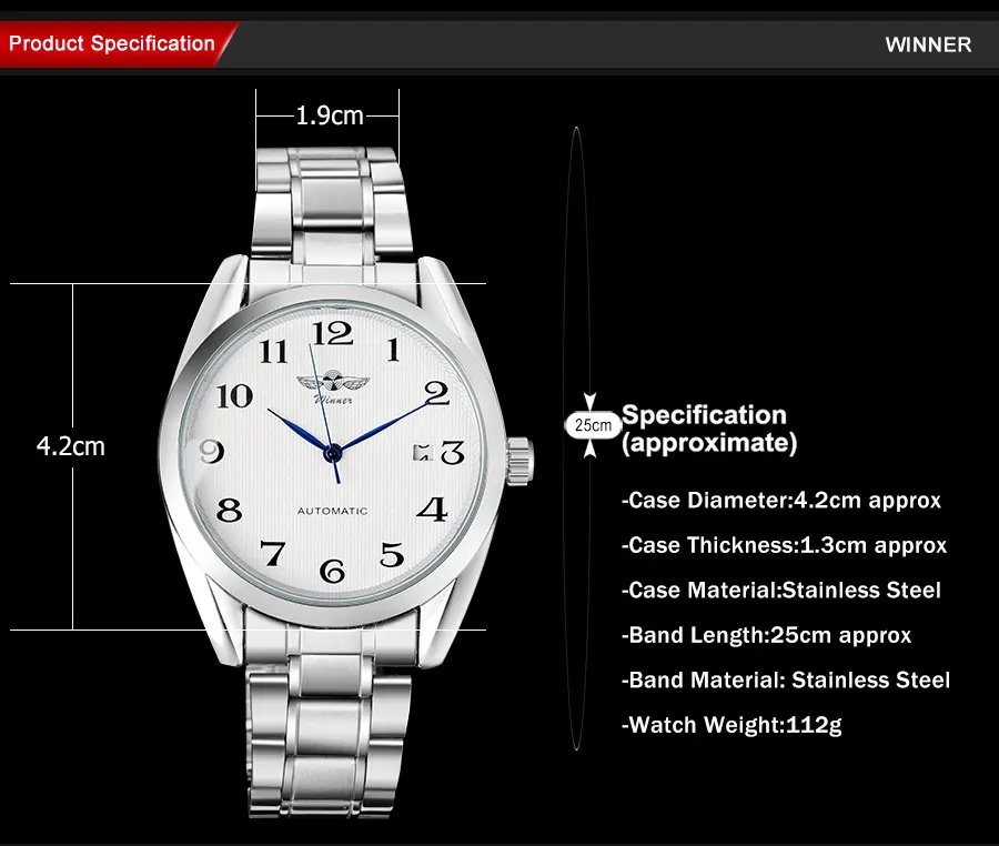 Победитель Мода и повседневное автоматические механические для мужчин часы нержавеющая сталь браслет Self-wind наручные часы предложение