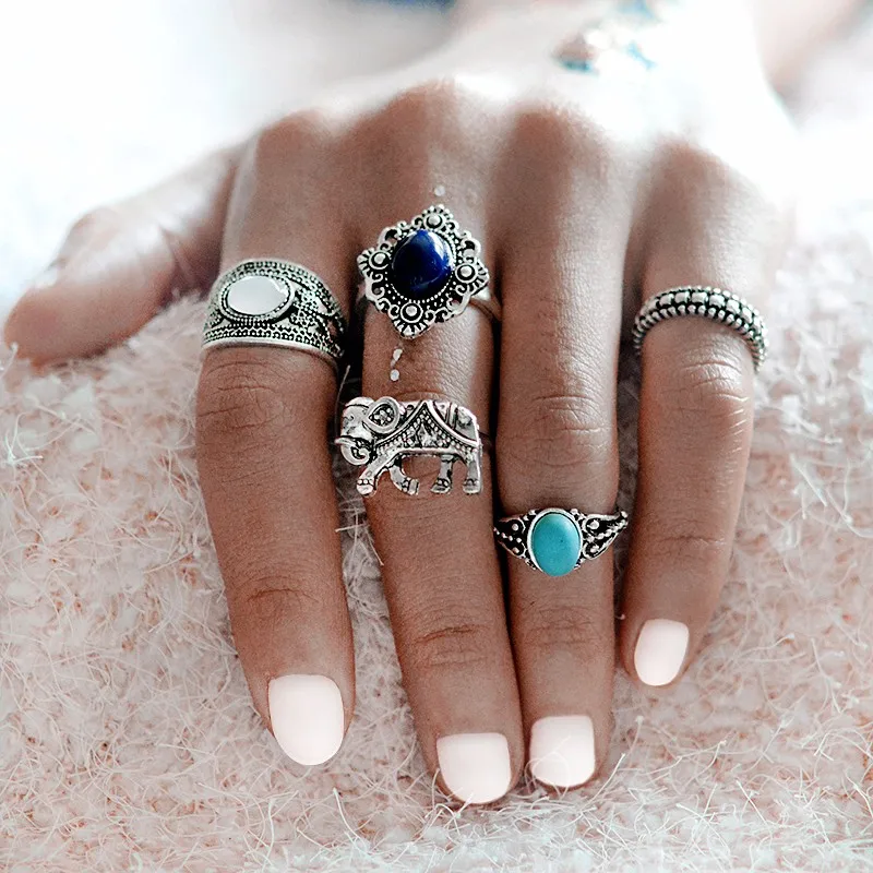 

5 pcs/set Ancient Silver Color Elephant Midi Rings Set For Women Natural Stone Boho Beach Vintage Punk Knuckle Ring Jewelry Gift