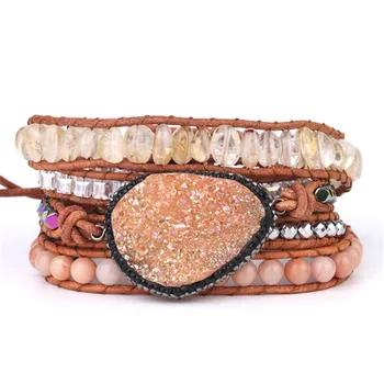 

New Fashion Women Long Wrap Bracelet Natural Crystal Cluster Charm Bracelet Yellow Crystal &Pink Serpenggiante 5 Strand Bracelet