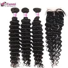 Brazilian Virgin Hair Deep Wave Bundles with Closure 4PCS LOT Unprocessed Human Hair Bundls with Closure Funmi Hair Extensions