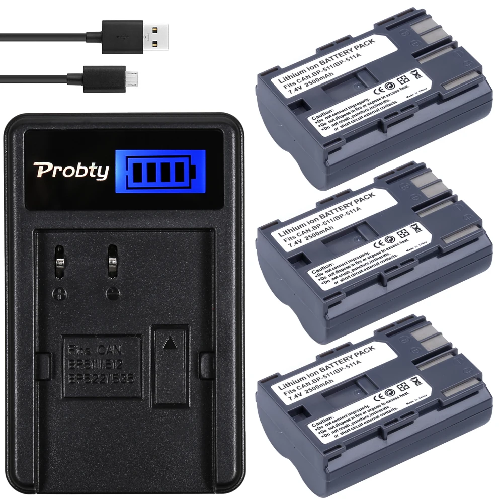 3 Pz Bp-511 Bp 511A Batteria + Caricatore Usb Lcd Per Canon 300D 10D 20D 30D 40D 50D Powershot G1 G2 G3 G5 G6 90 90Is