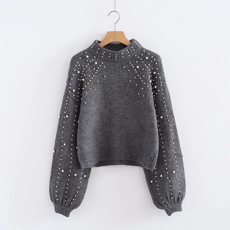 

[EWQ] 2019 New Spring Winter Round Collar Long Sleeve Short Sweater Beads Splice Loose Casual Pullovers Women Fashion Tide OC844
