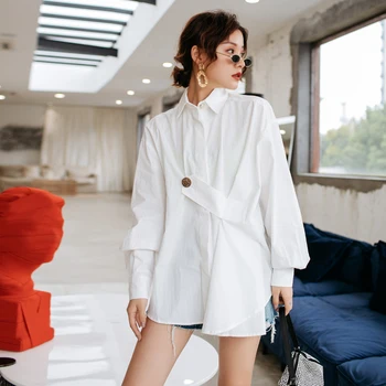 

Spring And Summer 2019 Female Personality Buttons Chic Loose Long-Sleeved Shirt Vintage Turn-down Collar lantern Sleeve Shirts