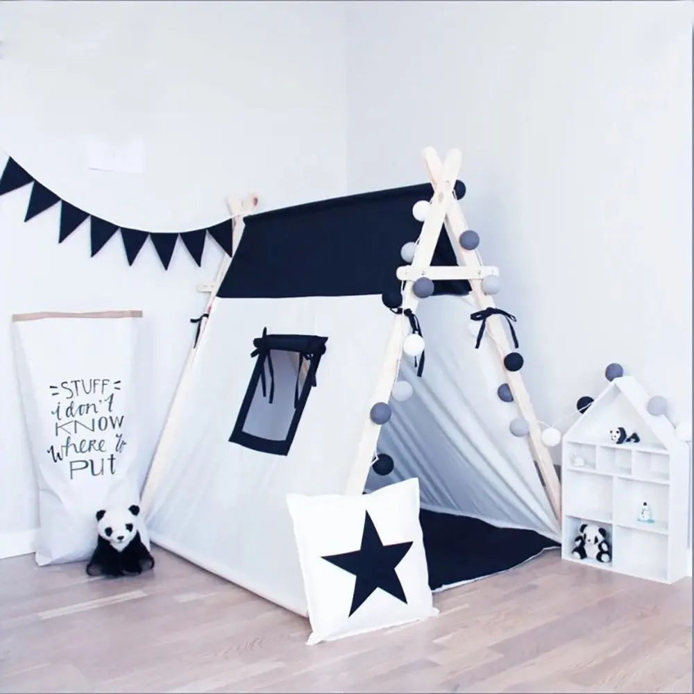 

black and white square design 100% Cotton Canvas Indian Teepee Kids Play Tent for Children Playhouse with mat and cushions