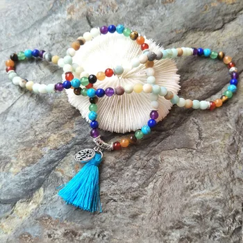 

5 Strands Natural 7 Chakras crystal Amazon Stone Beads with Tassel Knot Handmade Boho Women Jewelry Necklaces NK101-4
