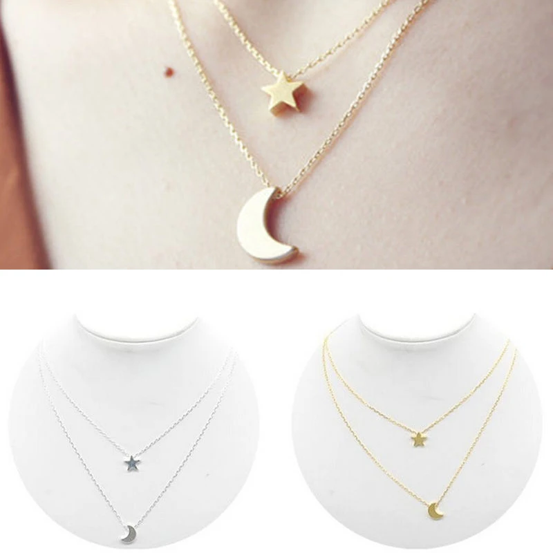 

1 Piece Sale Women Lady Girl New Golden Silvery Star Moon Two Layered Chain Pendent Necklaces Fashion Jewelry