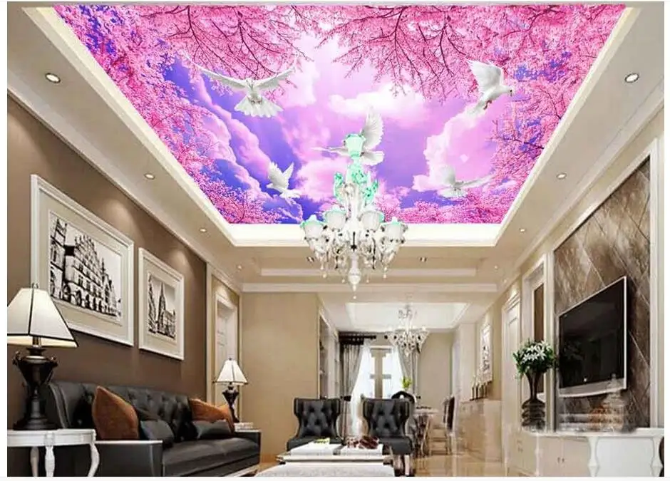 

Custom 3d wallpaper 3d ceiling murals wallpaper 3 d romantic cherry blossom blue sky white clouds frescoes bedroom wall decor