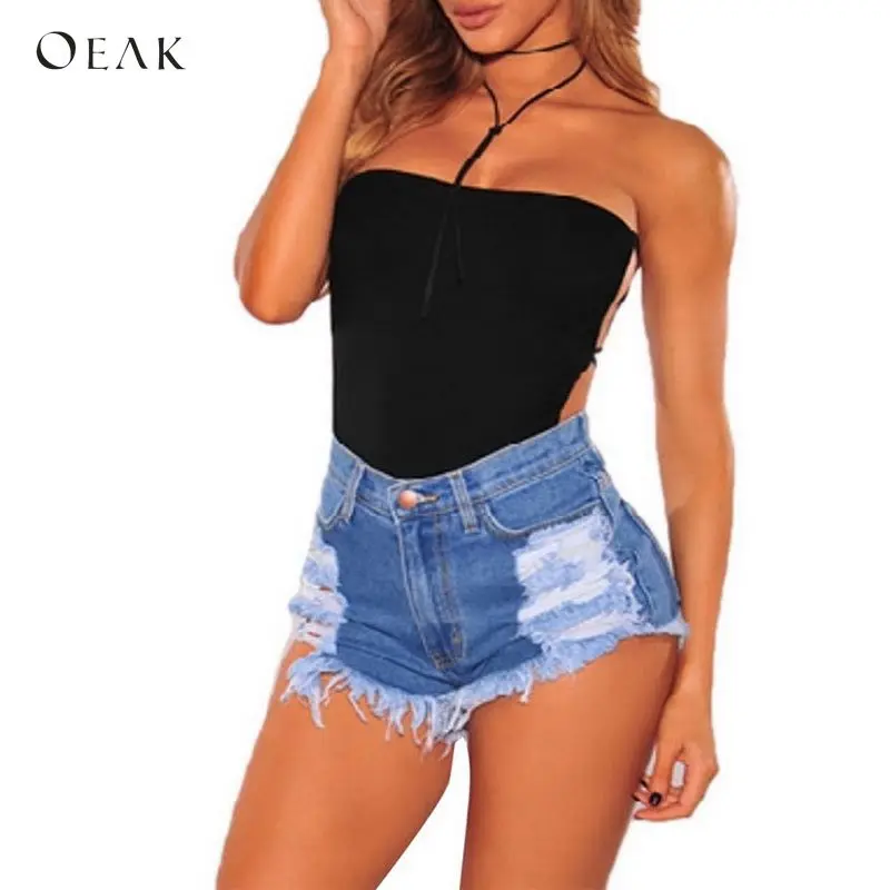 

OEAK 2018 Casual Summer Women Denim Shorts Fashion High Waist Hole Ripped Tassel Short Jeans Female Slim Fitness Blue Shorts