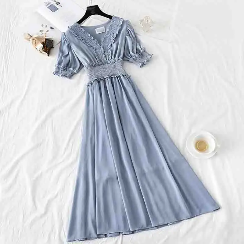 

Elegant V-neck Summer Chiffon Dress 2019 Vintage Short sleeve Solid Ruffles Dresses Elastic waist Women Long Dress Party Vestido