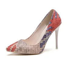 2016 Pumps Woman Shoes spring autumn new national wind retro plaid heels pointed fine with single shoes women Asakuchi career