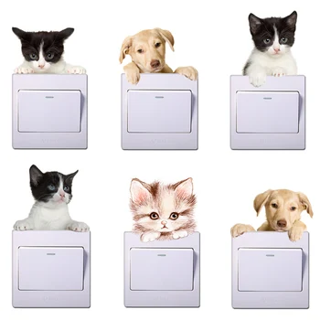 

Lovely Dog Cat Switch Stickers Kids Room Bedroom Home Decoration Kitten Puppy 3d Look Animal Mural Art Diy Pvc Wall Decals