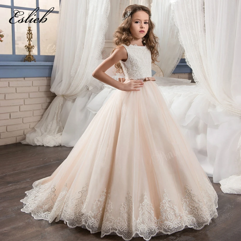 Fancy Champagne Flower Girl Dress With Beige Ribbon Bow Crew Neck Mesh Ball Gowns Kids Holy