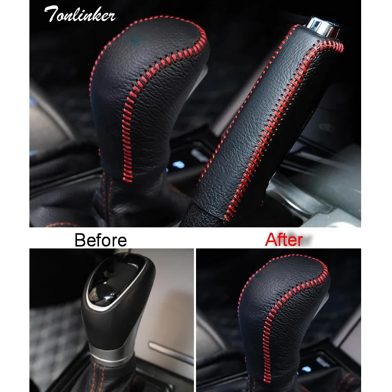 

Tonlinker 2 PCS DIY Car styling NEW Leather gears sets and handbrake sleeve case fit for HYUNDAI ix35 parts accessories
