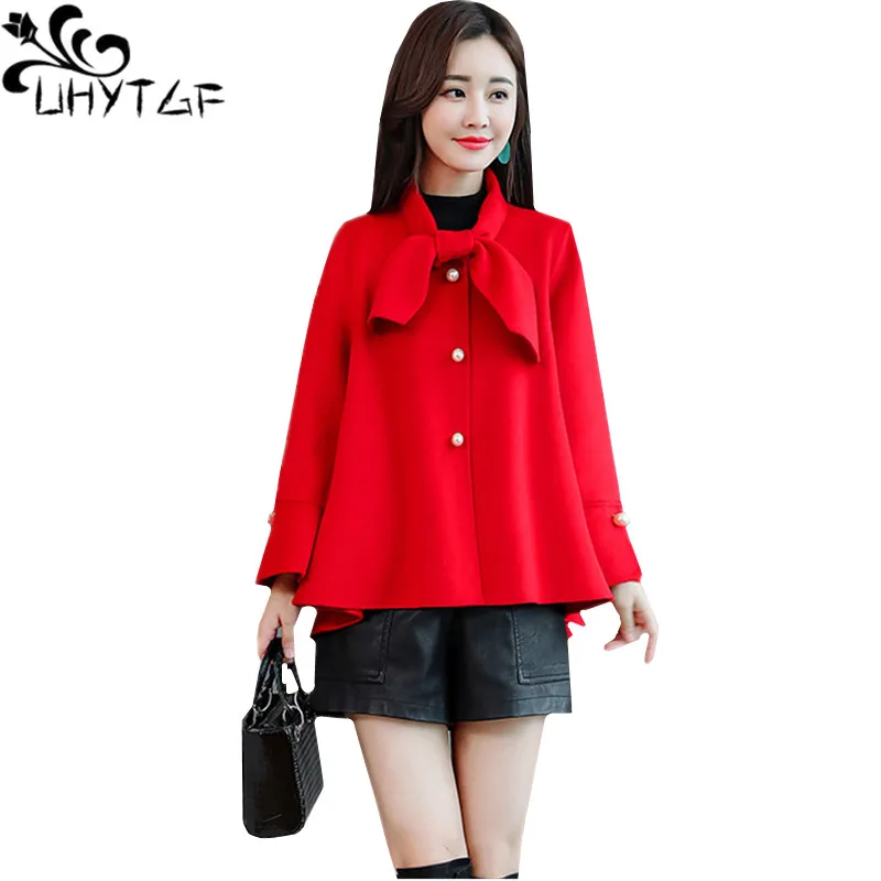 

UHYTGF New Winter Woman Coat Fashion Short Wool Jacket Bell sleeve Loose Plus size Outerwear Elegant Woman Red Woolen Jacket 842