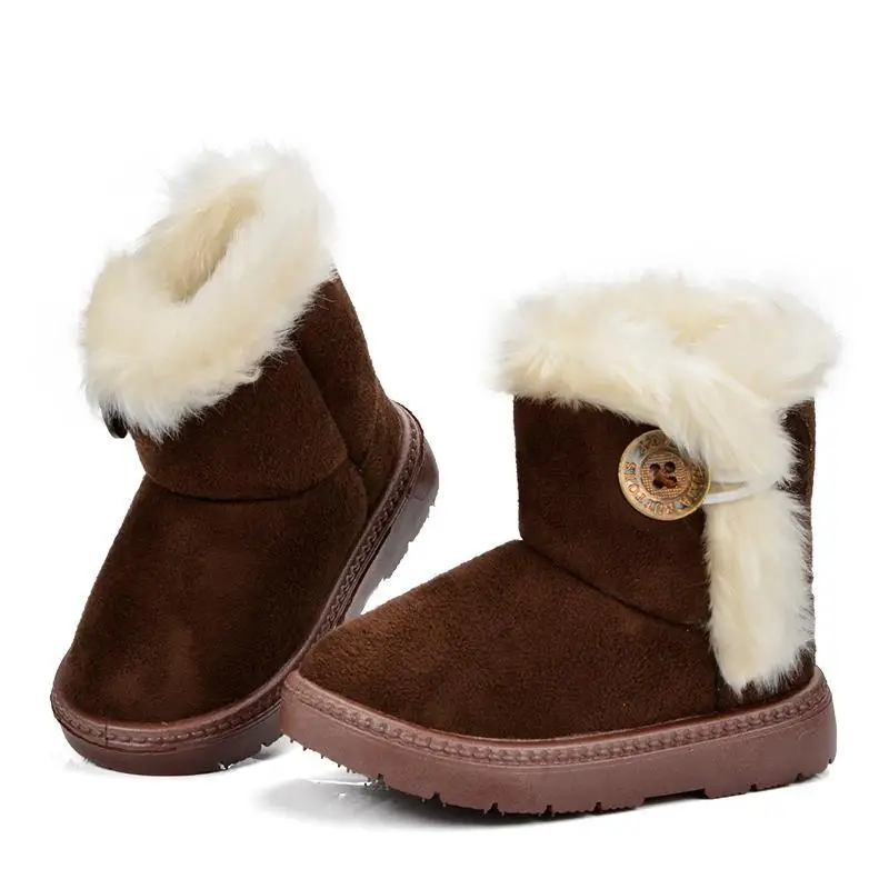 Зимние сапоги для маленьких девочек; кожаные сапоги до середины икры для маленьких мальчиков; модные хлопковые плюшевые теплые ботинки на меху; детская обувь - Цвет: Brown