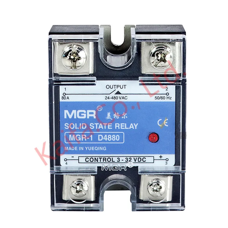 

Mager normally open SSR-80A DC-AC MGR-1 D4880 Single Phase Solid State Relay input 3-32VDC output 24-480VAC Control current 3-35