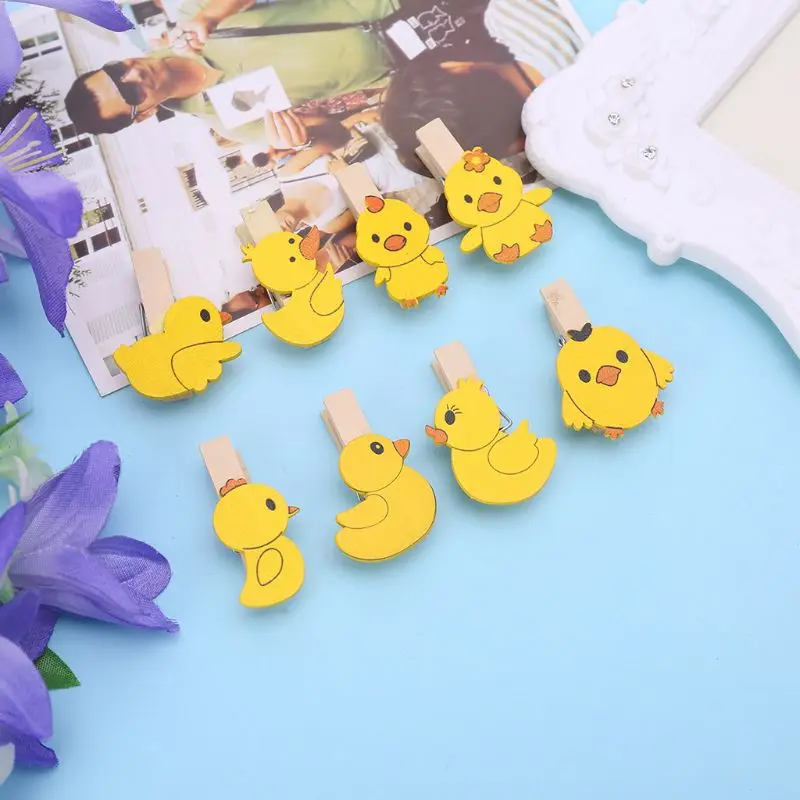 

10Pcs/Set Little Yellow Duck Printed Wooden Note Memo Photo Pegs Paper Tag Clips Holder DIY Craft With Hemp Rope Party Decor