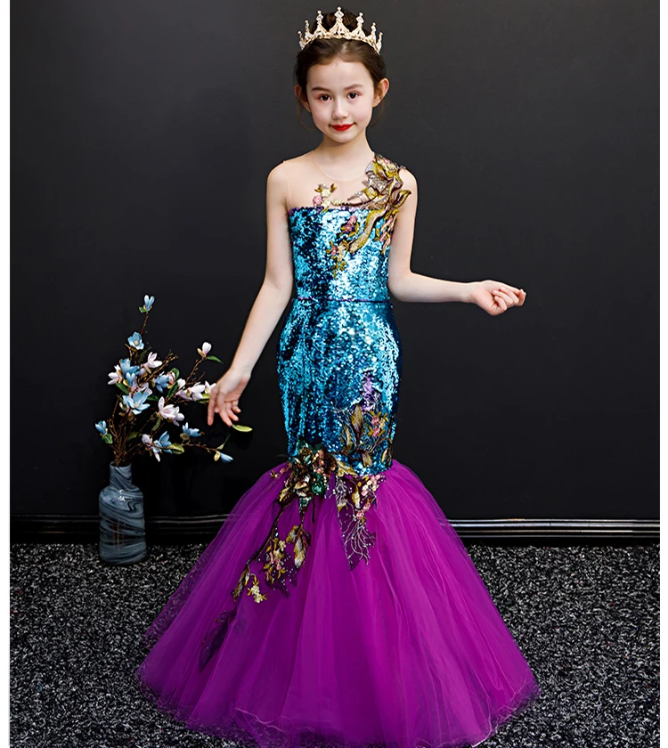 Роскошные для девочек в цветочек платья для свадеб Платье для первого причастия нарядное платье для девочек блесток Русалка Театрализованное детей платье принцессы