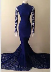 Высокий воротник длинный рукав длина до пола Часовня Поезд платье Кружева Вечерние платья реальная картинка темно-синее платье