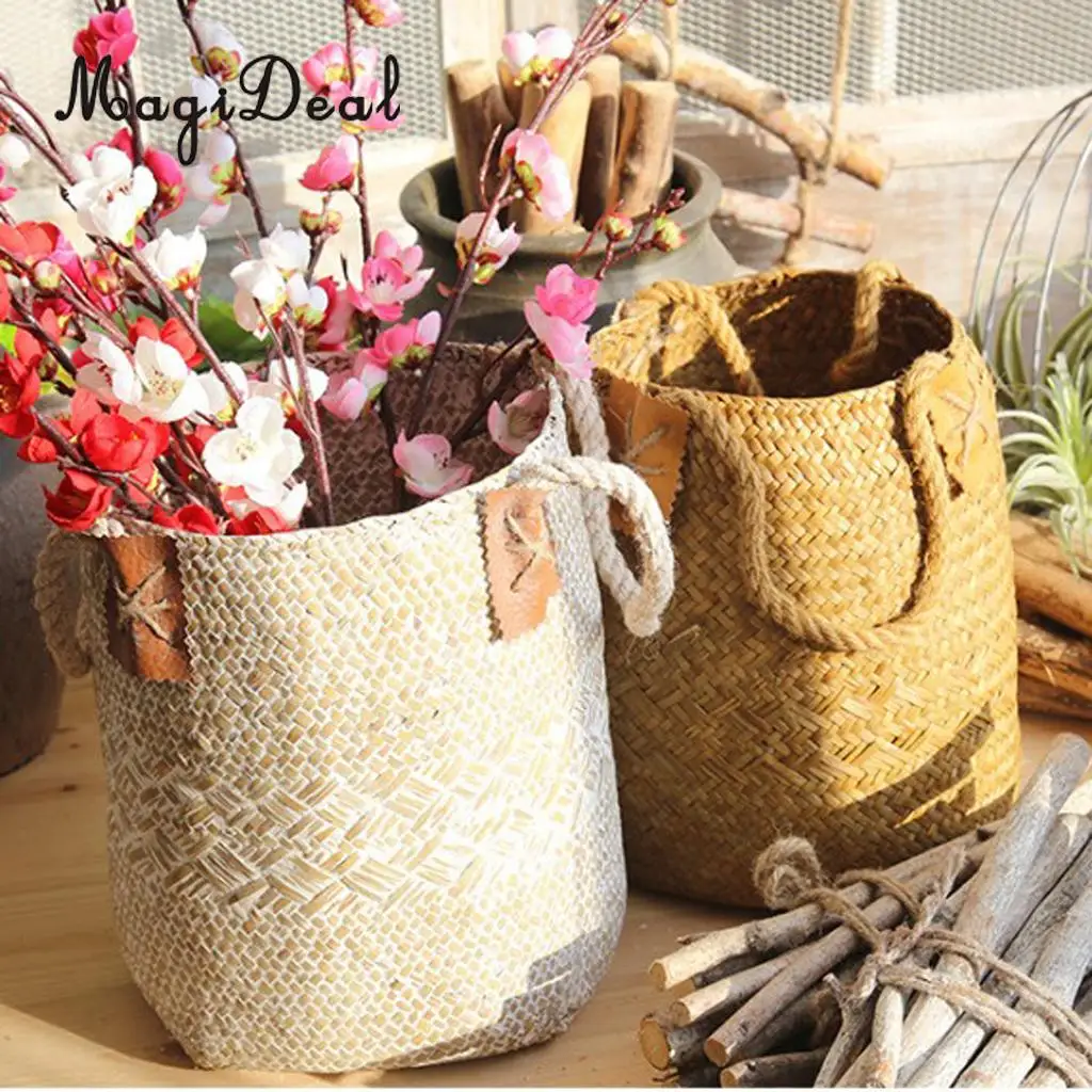 Hand Woven Storage Basket Garden Indoor Planter Pot Vase Holder Box Bin Case Storage Organizer Bag