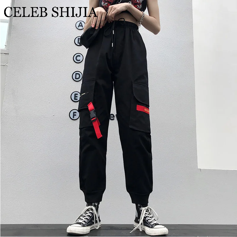 

New Summer Loose cargo pants woman streetwear korean fashion style elastic waist black long trousers pocket