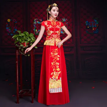 

High Quality Bride Traditions Women flower Mbroidery Cheongsam Red Qipao Pattern Chinese Traditional Wedding Dress