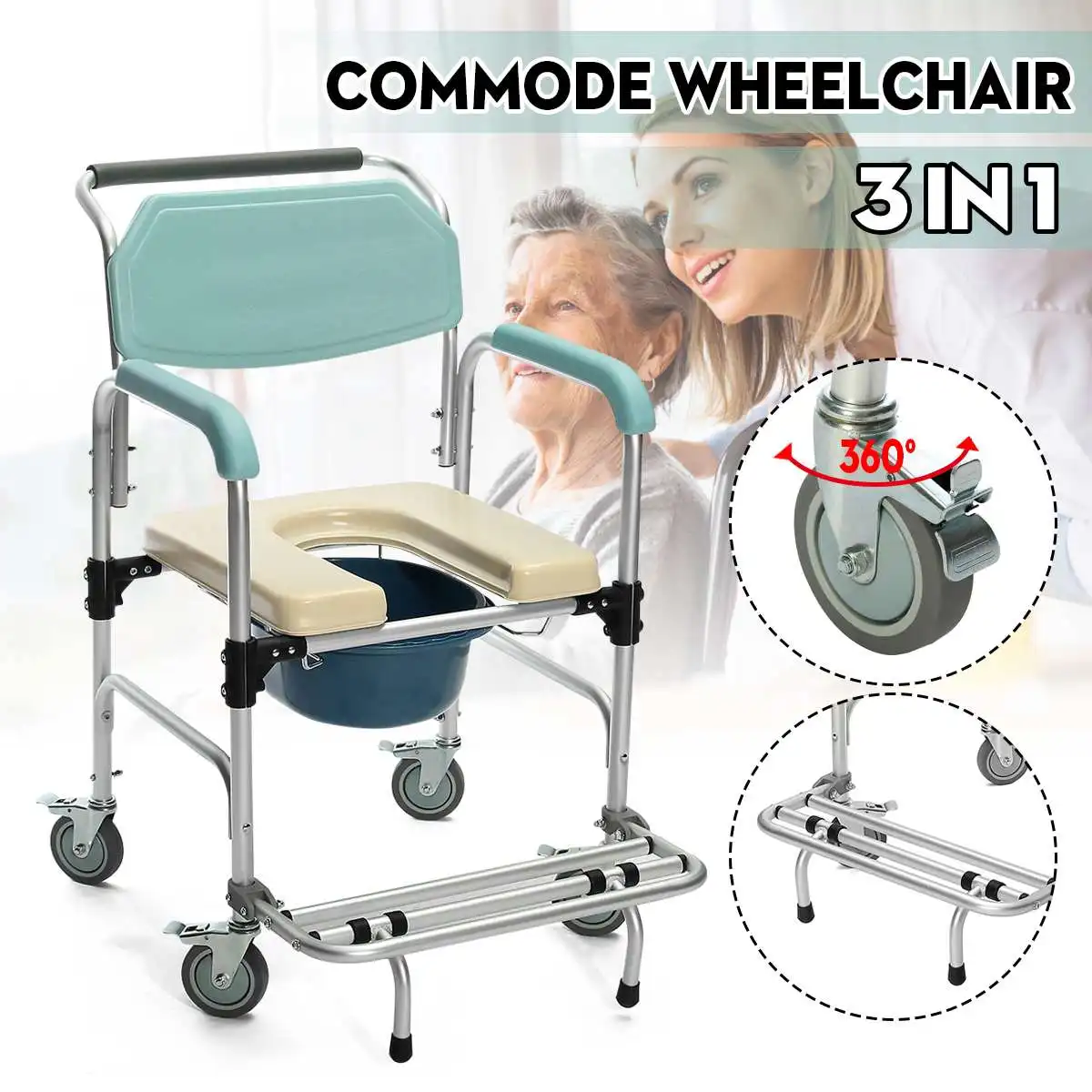 3 в 1 кресло-коляска для унитаза, душа, горшок для ванной комнаты, стул на колесиках, мягкий алюминиевый сплав, водонепроницаемая мягкая подушка, прочная