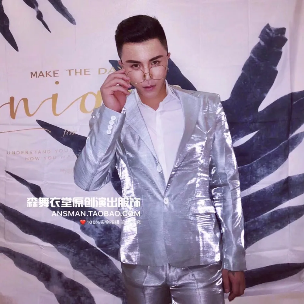 

Nightclub New Spring Men Singer DJ Party Blazer Coat Symphony Silver White Reflective Satin Suit Male Costume Jackets Pants