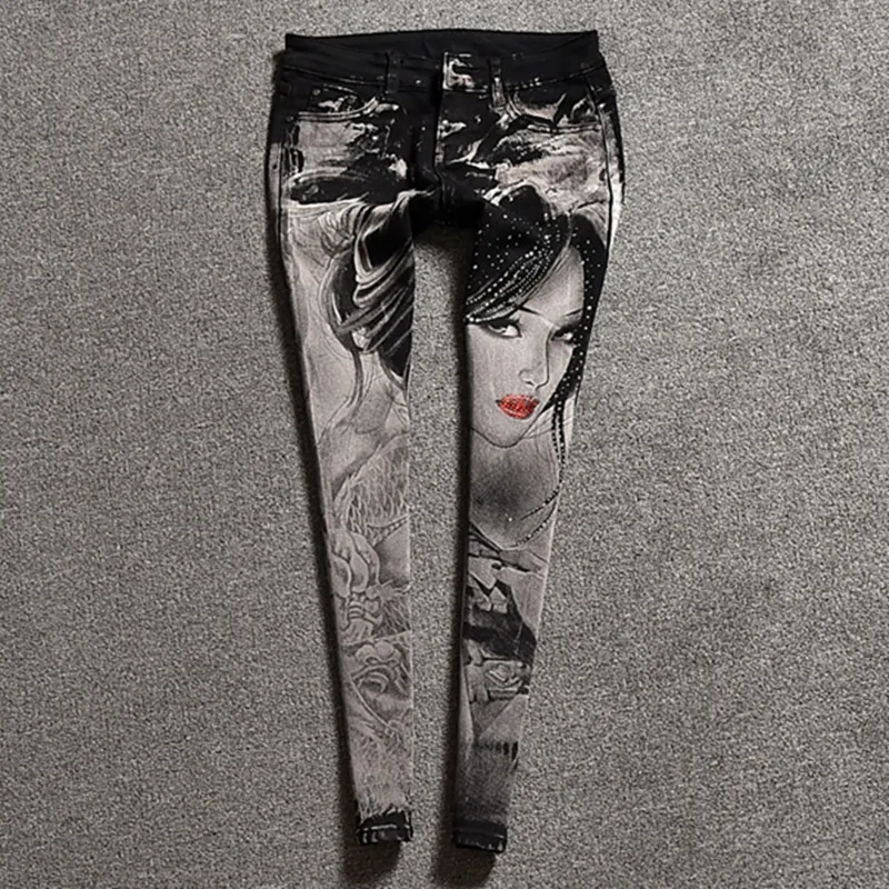 

Eastic Pencil Tight Vintage Skinny Jeans Black jean Women Street Style Long Skinny Pants With Painted Ladies Jeans Leggings