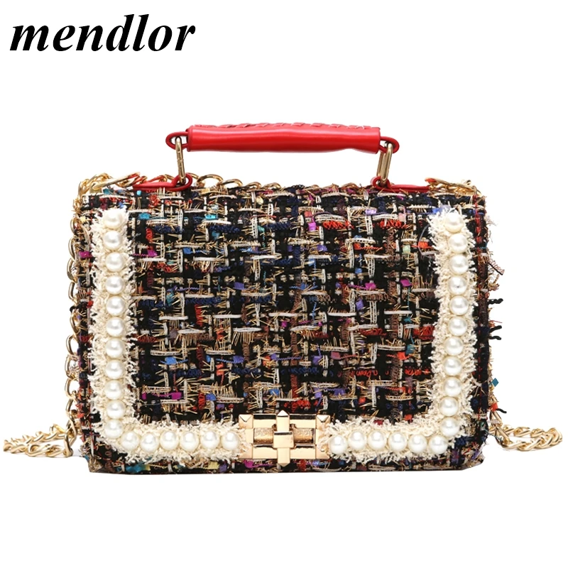 

2019 Winter Fashion New Female Square Tote bag Quality Woolen Pearl Women's Designer Handbag Ladies Chain Shoulder Crossbody Bag