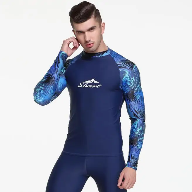 

Floral Men UPF 50+ Long Sleeve Rashguard Splice UV Sun Protection Basic Skins Surfing Diving Swimming T Shirt Blue Black M 3XL