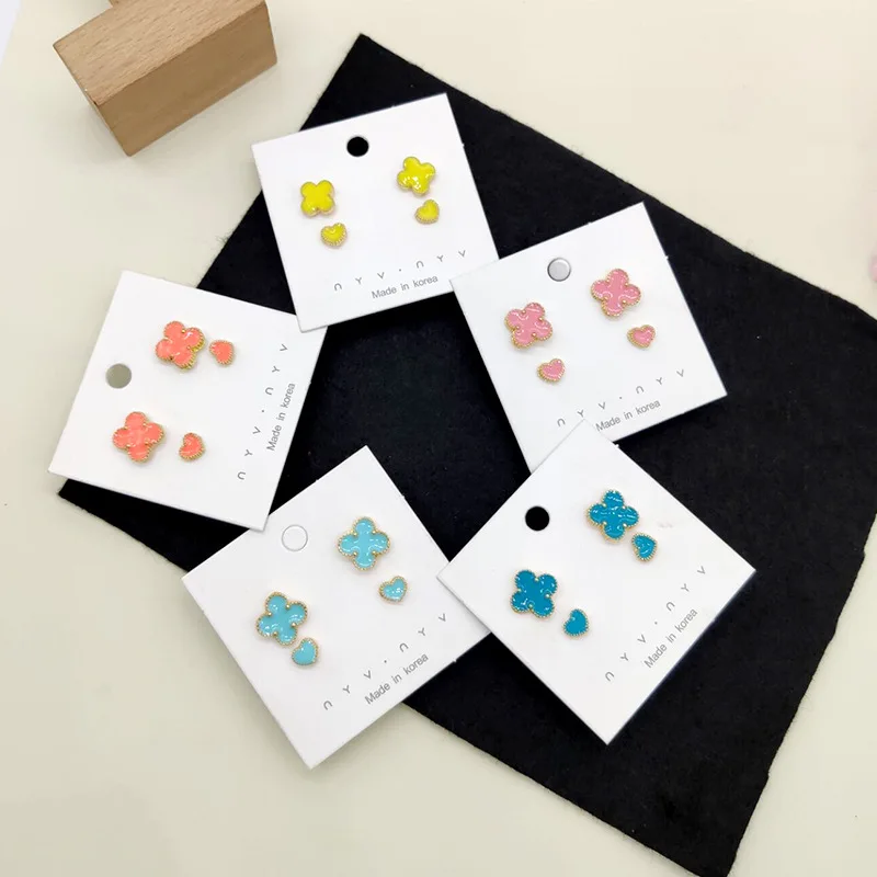 

Korean Earrings Two-Piece Flower Love Earrings Simple Fresh Drop Oil small Earrings Yellow Blue Pink Jewelry Gift For Women